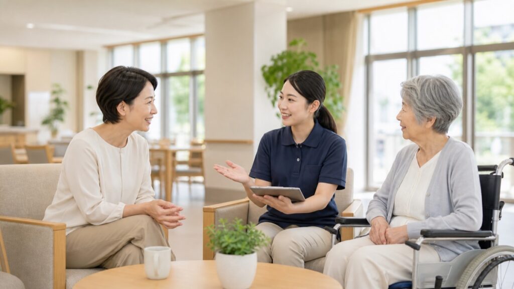 家族で老人ホーム選びについて話し合う様子